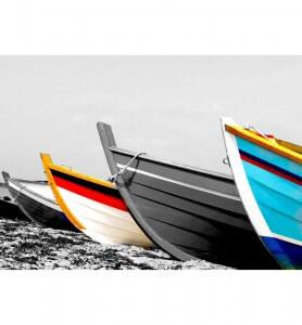 Tableau Barques de pêcheurs colorées noir et blanc