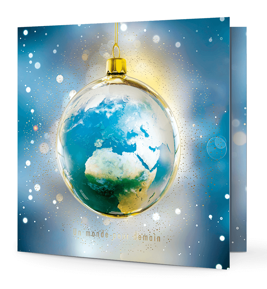Carte de vœux le monde dans une boule de Noël.