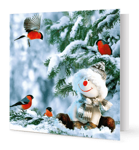 Carte de vœux rouge-gorge entourant un bonhomme de neige.